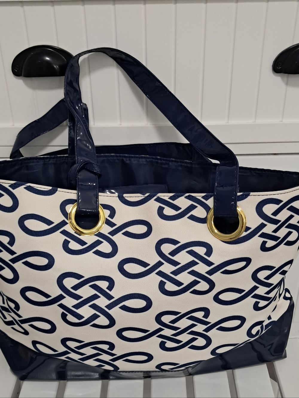 Estee Lauder Navy and White Patterned Tote with Matching Pouch